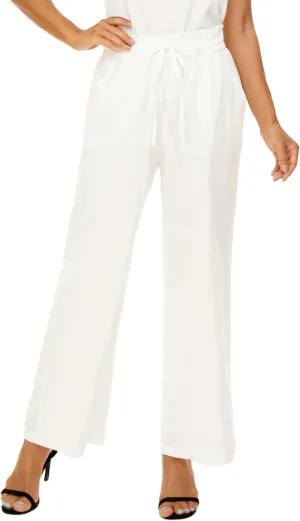 LNX Linen Pants for Women High Waisted Wide Leg Drawstring Casual Loose Pants with Pockets