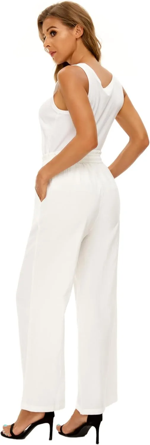 LNX Linen Pants for Women High Waisted Wide Leg Drawstring Casual Loose Pants with Pockets