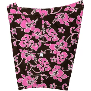 Lower Rise NON-Elastic Waist Board Shorts. "Pure Hibiscus" (Brown Pink) Womens CUSTOM