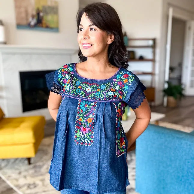 Margarita Denim Blouse with Lace Sleeves