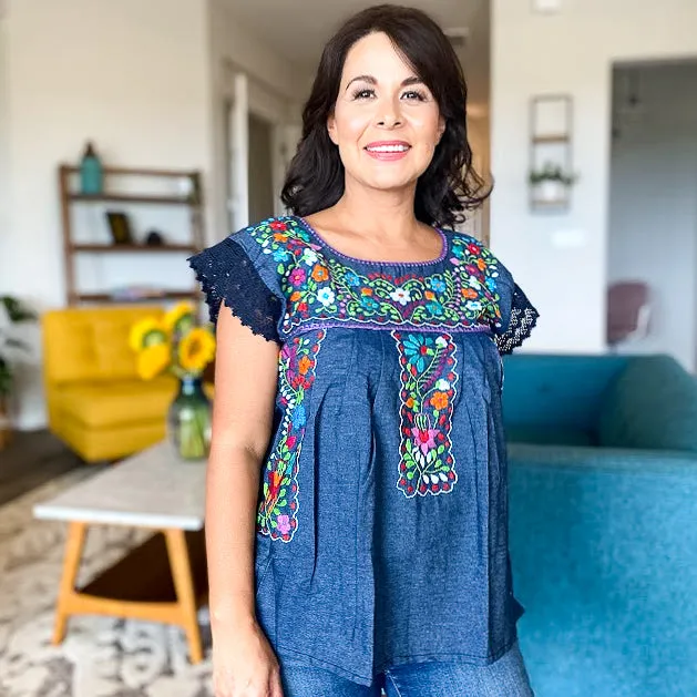 Margarita Denim Blouse with Lace Sleeves