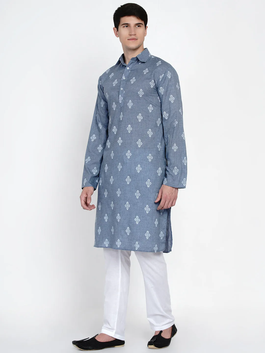 Men Blue Embroidered Pure Cotton Kurti with Pyjamas