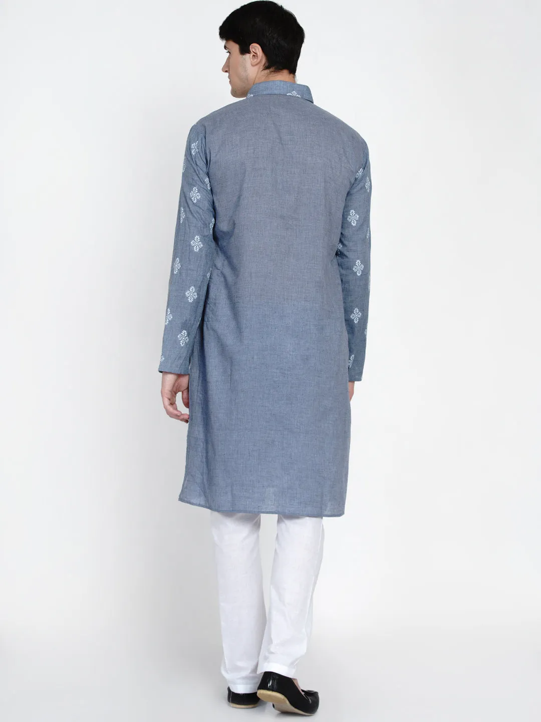Men Blue Embroidered Pure Cotton Kurti with Pyjamas