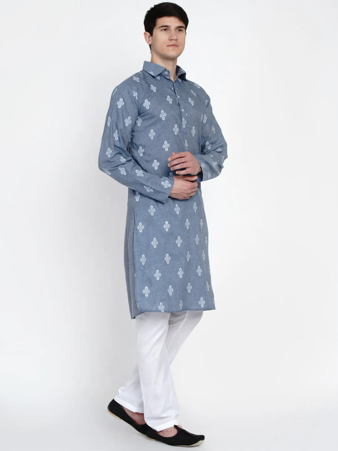 Men Blue Embroidered Pure Cotton Kurti with Pyjamas