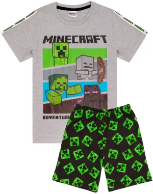 Minecraft Boys Pyjamas Set Top And Shorts Kids Gamer - Grey