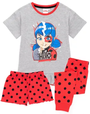 Miraculous Pyjamas For Girls T-Shirt & Long Or Shorts Bottoms - Grey