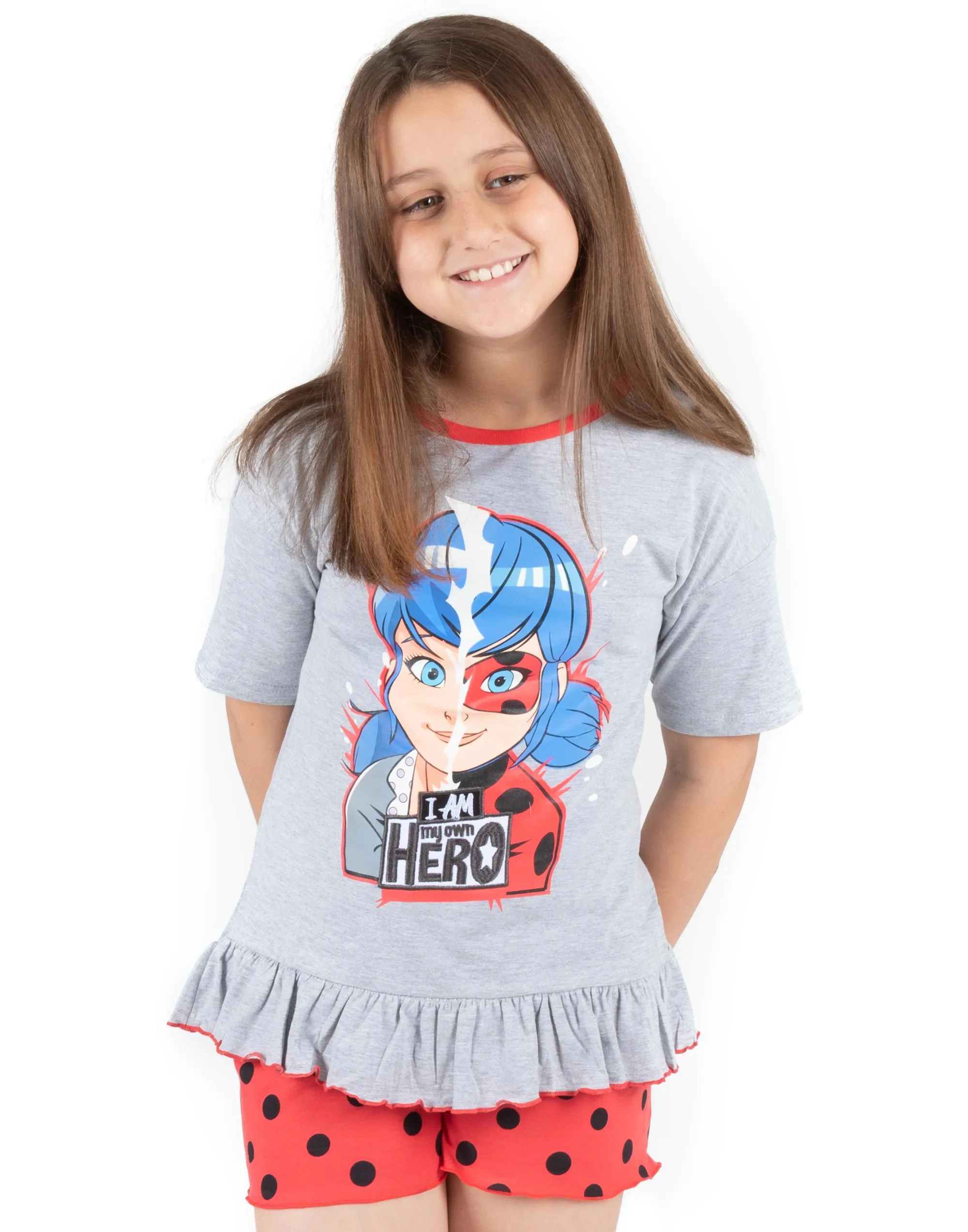Miraculous Pyjamas For Girls T-Shirt & Long Or Shorts Bottoms - Grey