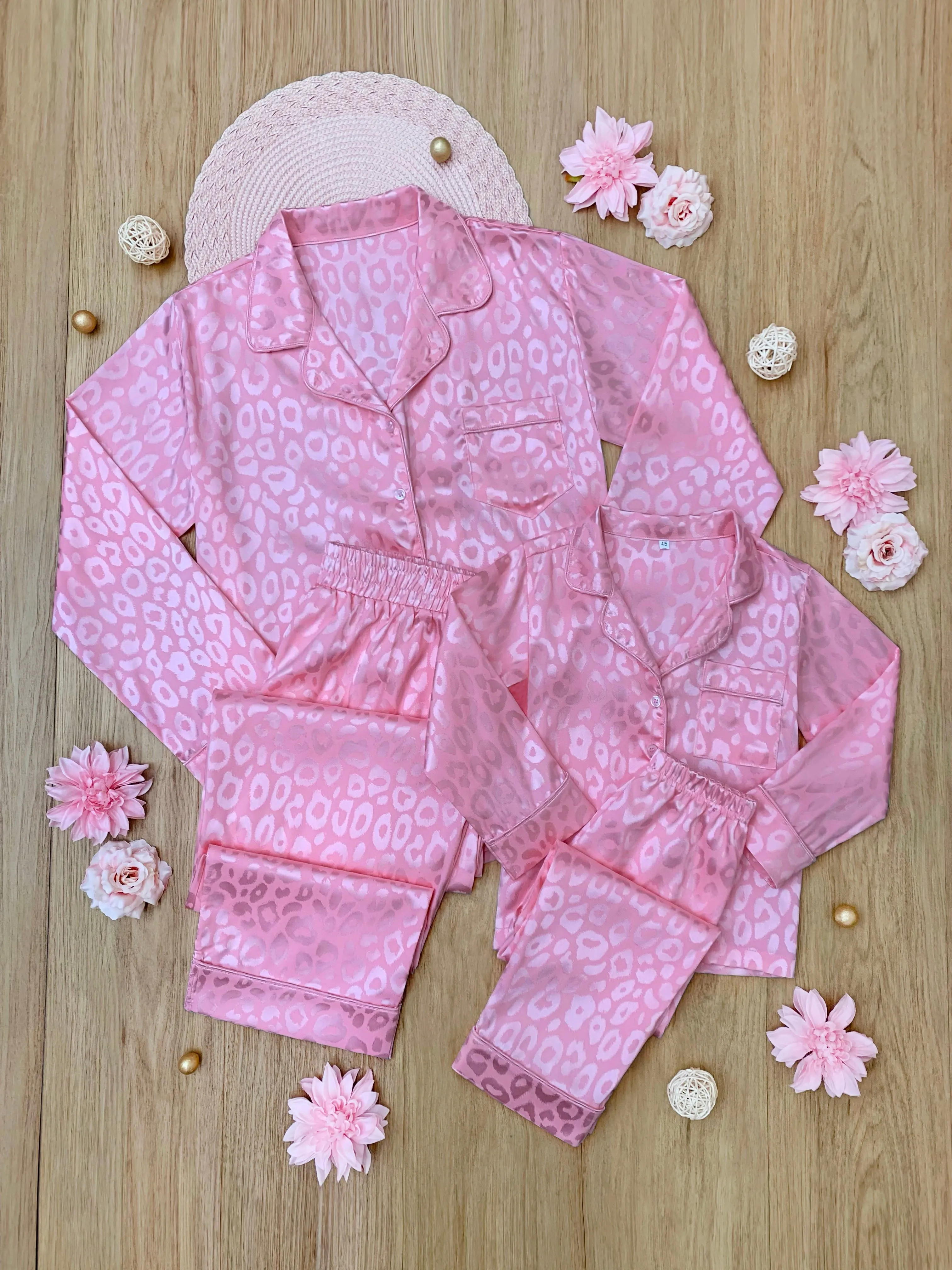 Mommy And Me Pink Leopard Print Silk Pajama Set