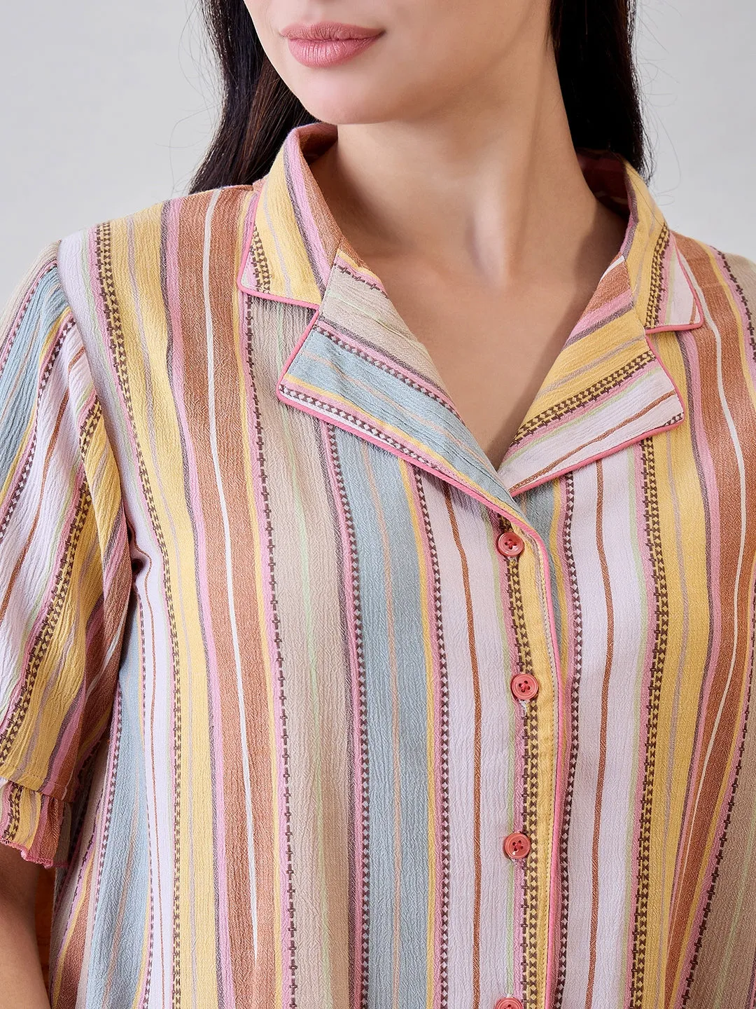 Multicoloured Viscose Crinkled Striped Pyjama Set