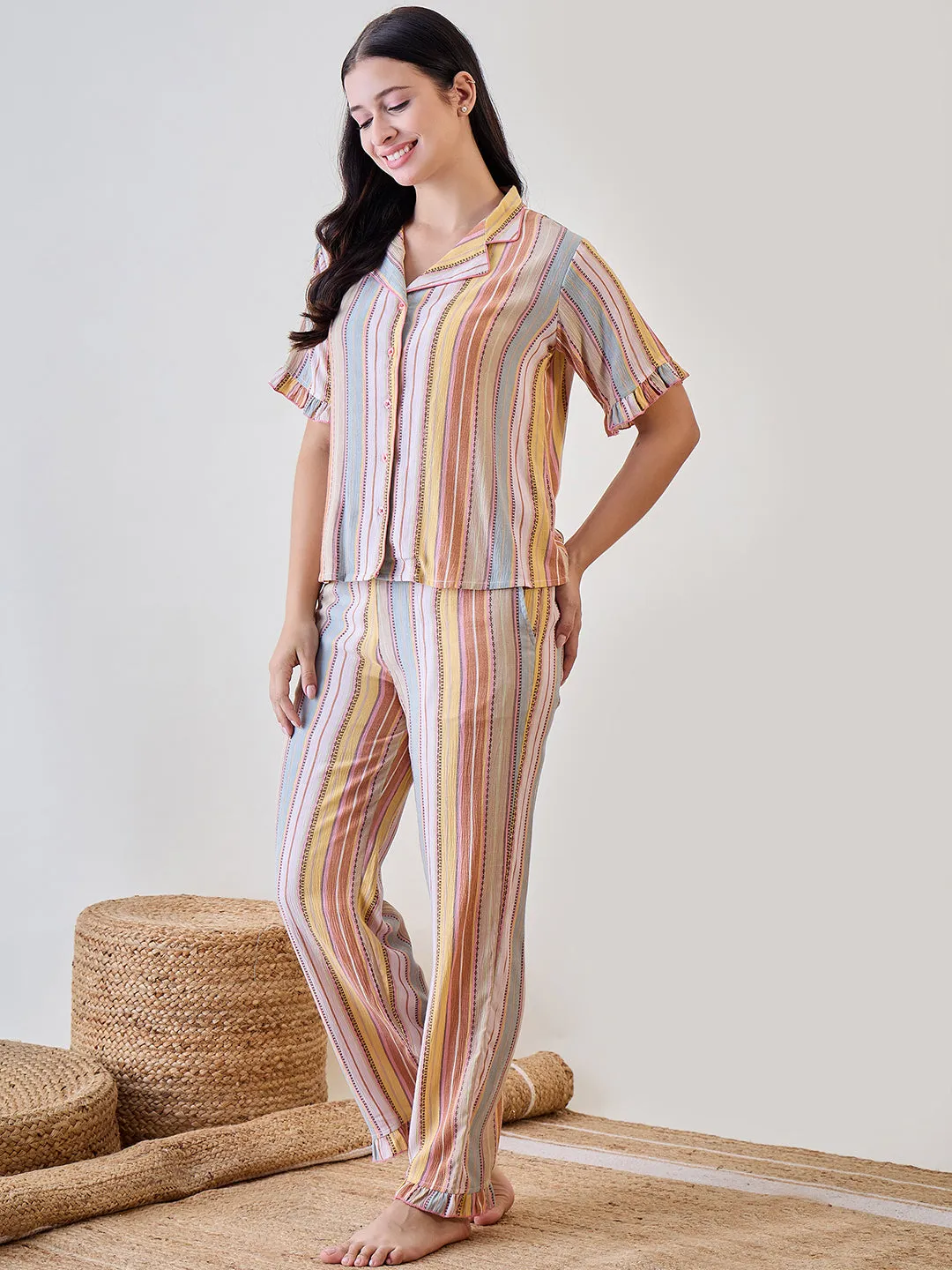 Multicoloured Viscose Crinkled Striped Pyjama Set