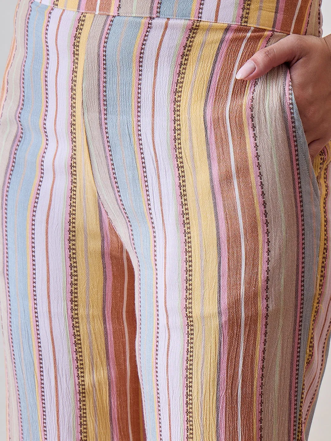 Multicoloured Viscose Crinkled Striped Pyjama Set