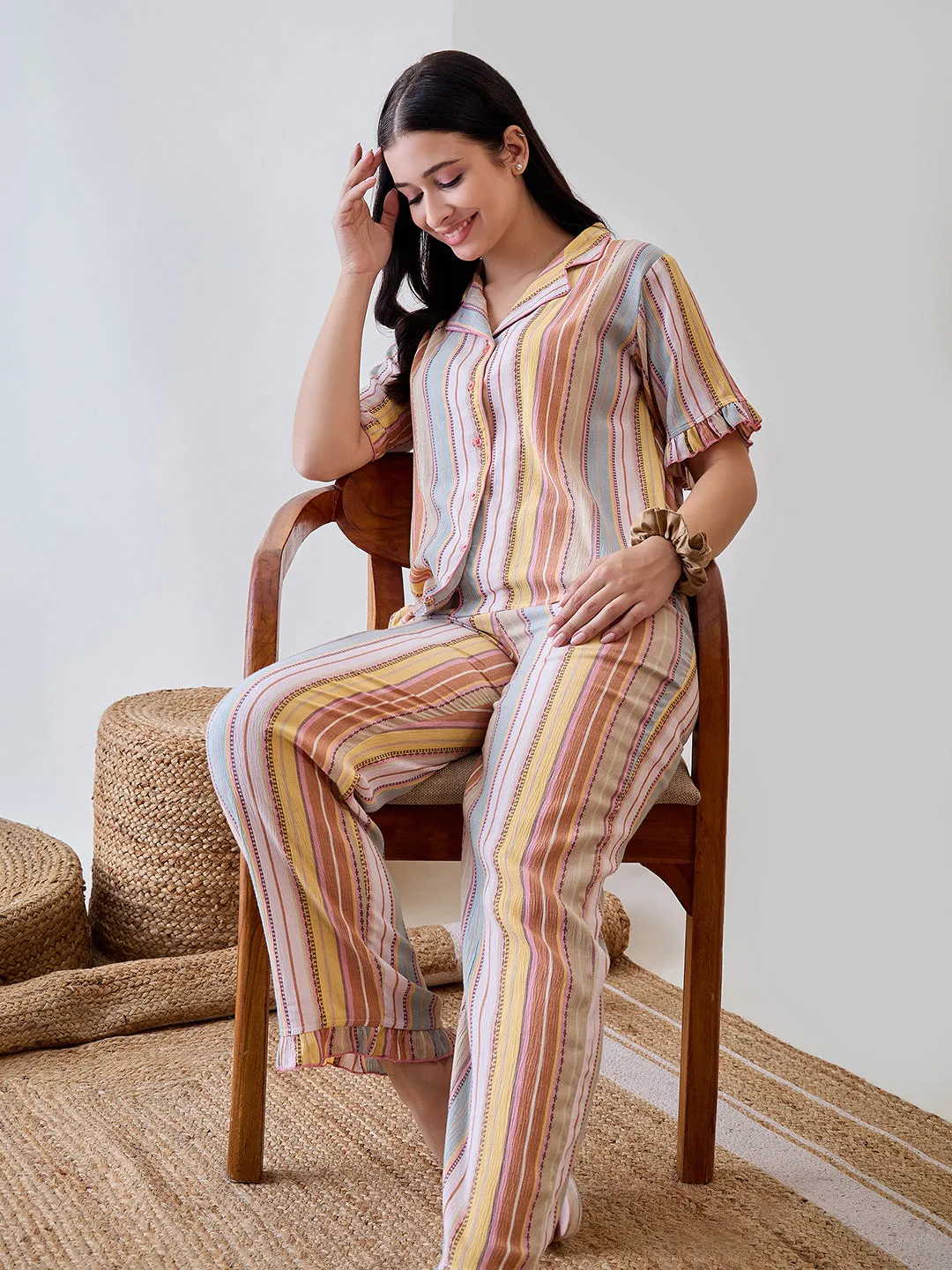 Multicoloured Viscose Crinkled Striped Pyjama Set