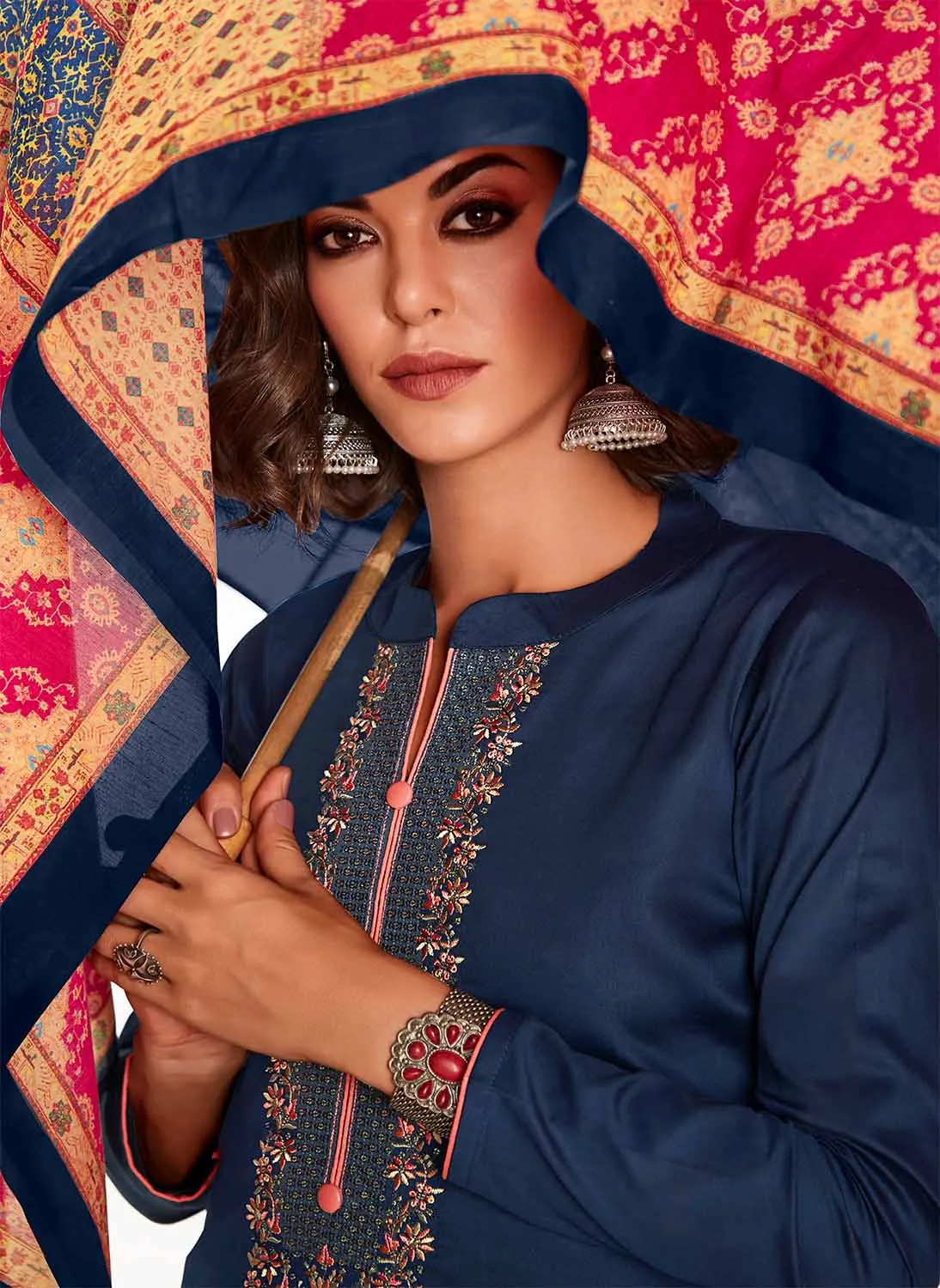 Mumtaz Arts Pure Cotton Satin Women Blue Suit Dress Material