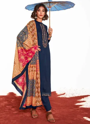 Mumtaz Arts Pure Cotton Satin Women Blue Suit Dress Material