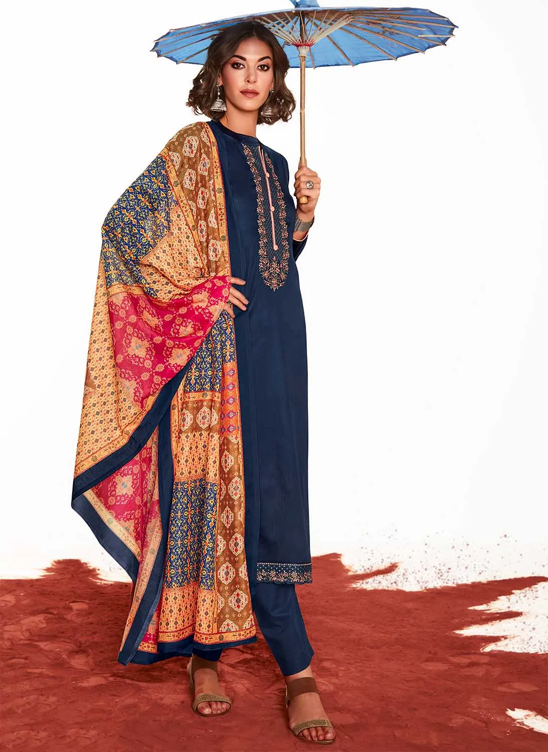 Mumtaz Arts Pure Cotton Satin Women Blue Suit Dress Material
