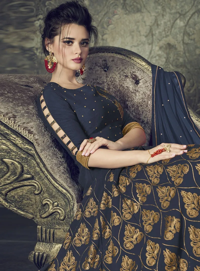 Navy Blue And Golden Embroidered Flared Anarkali Suit