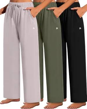 Neer 3 Pack Women's Wide Leg Pants High Waist Sweatpants Yoga Palazzo Drawstring Lounge Pajamas Jogger Pants with Pockets