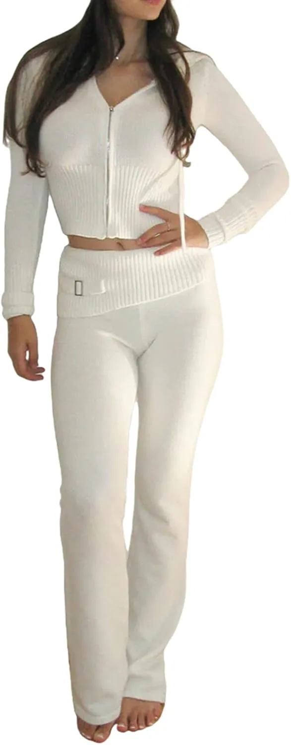 NUFIWI Women Y2k Ribbed Knit 2 Piece Outfits Long Sleeve Zip Up Hooded Crop Top Slim Matching Lounge Pants Sweater Set