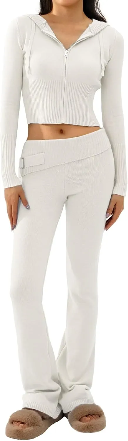 NUFIWI Women Y2k Ribbed Knit 2 Piece Outfits Long Sleeve Zip Up Hooded Crop Top Slim Matching Lounge Pants Sweater Set