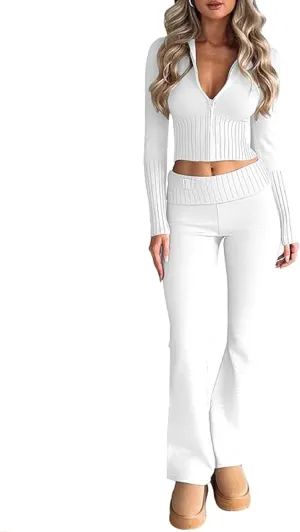 NUFIWI Women Y2k Ribbed Knit 2 Piece Outfits Long Sleeve Zip Up Hooded Crop Top Slim Matching Lounge Pants Sweater Set