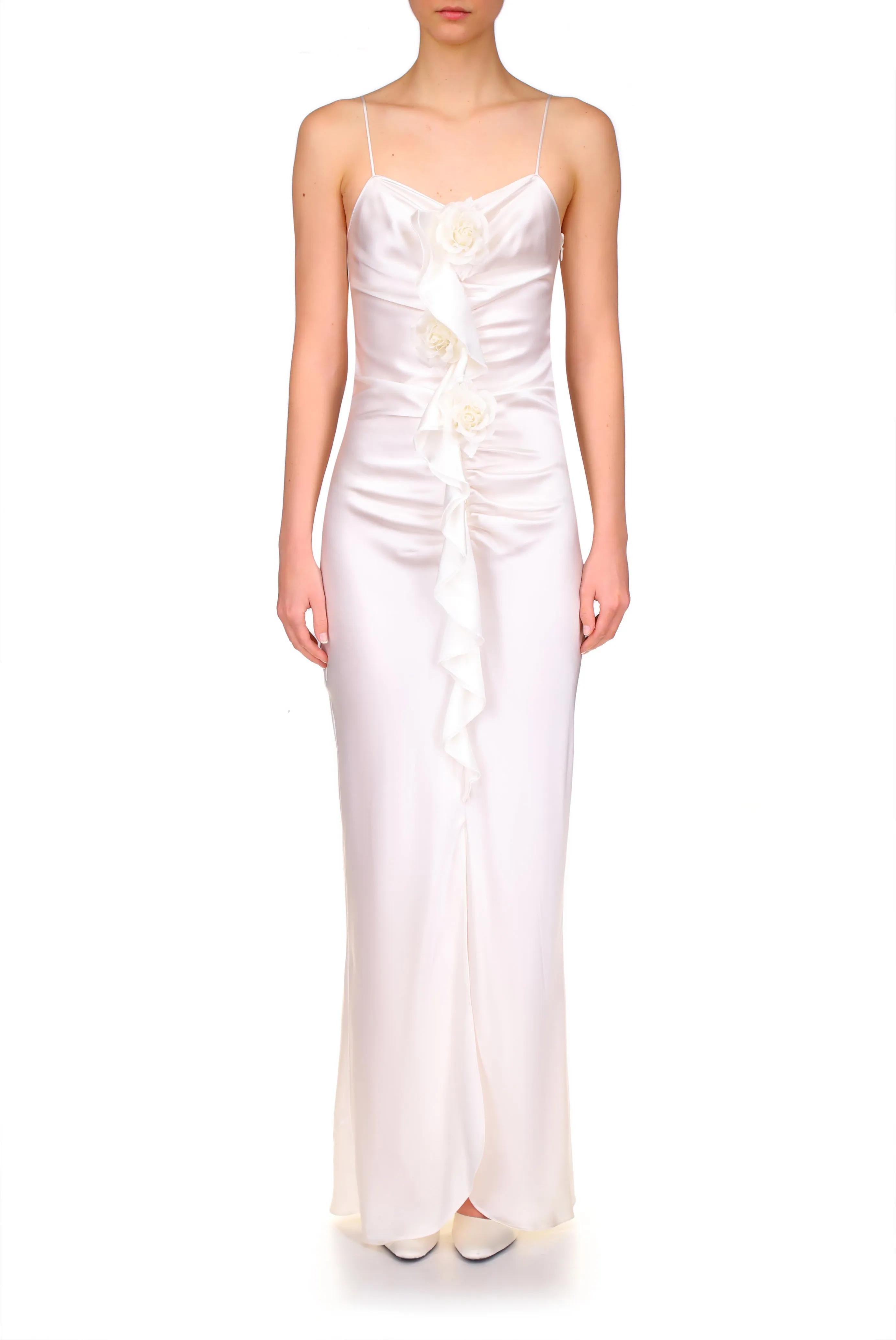 Off White Silk Ruched Gown With Ruffle Detail And Silk Roses