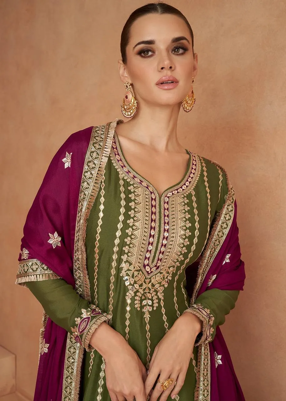 Olive Green Embroidered Chinon Suit Set with Dupatta