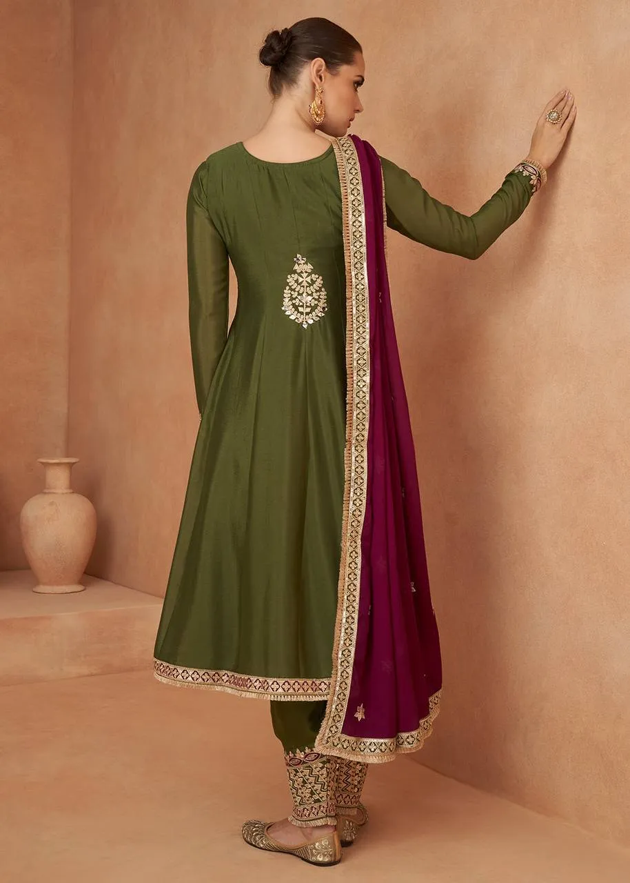 Olive Green Embroidered Chinon Suit Set with Dupatta