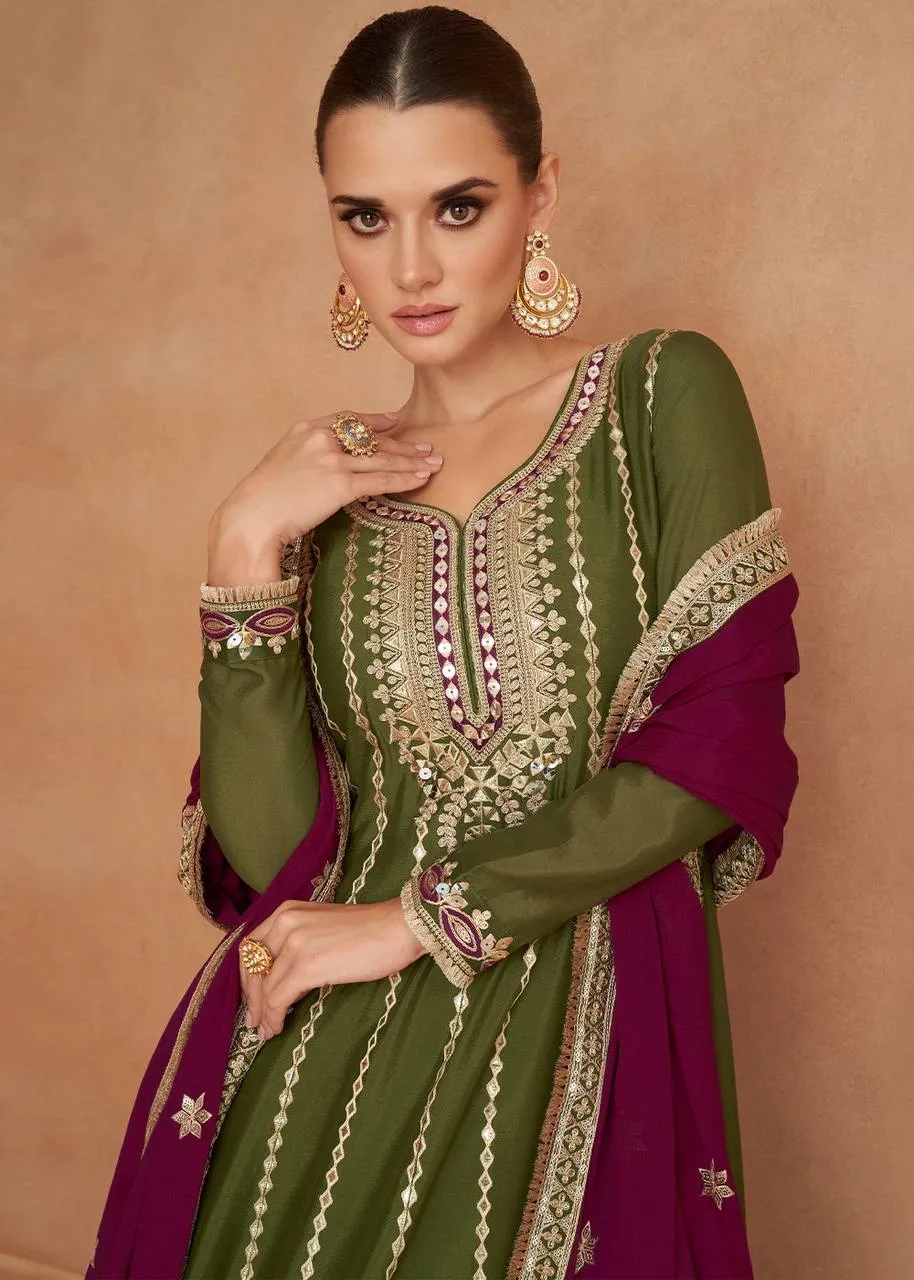 Olive Green Embroidered Chinon Suit Set with Dupatta