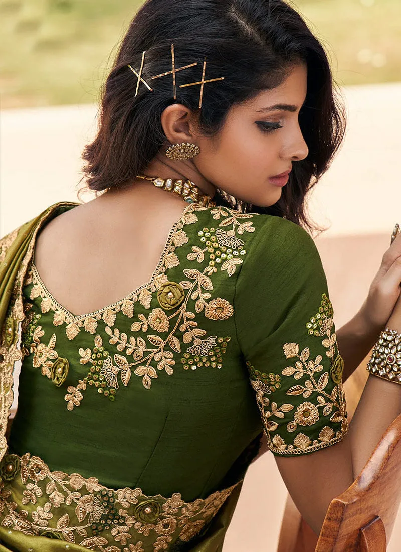 Olive Green Two Tone Embroidered Indian Silk Saree