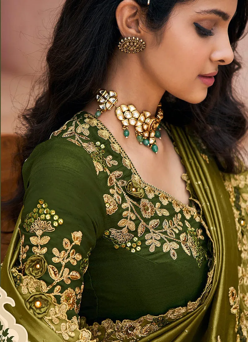 Olive Green Two Tone Embroidered Indian Silk Saree