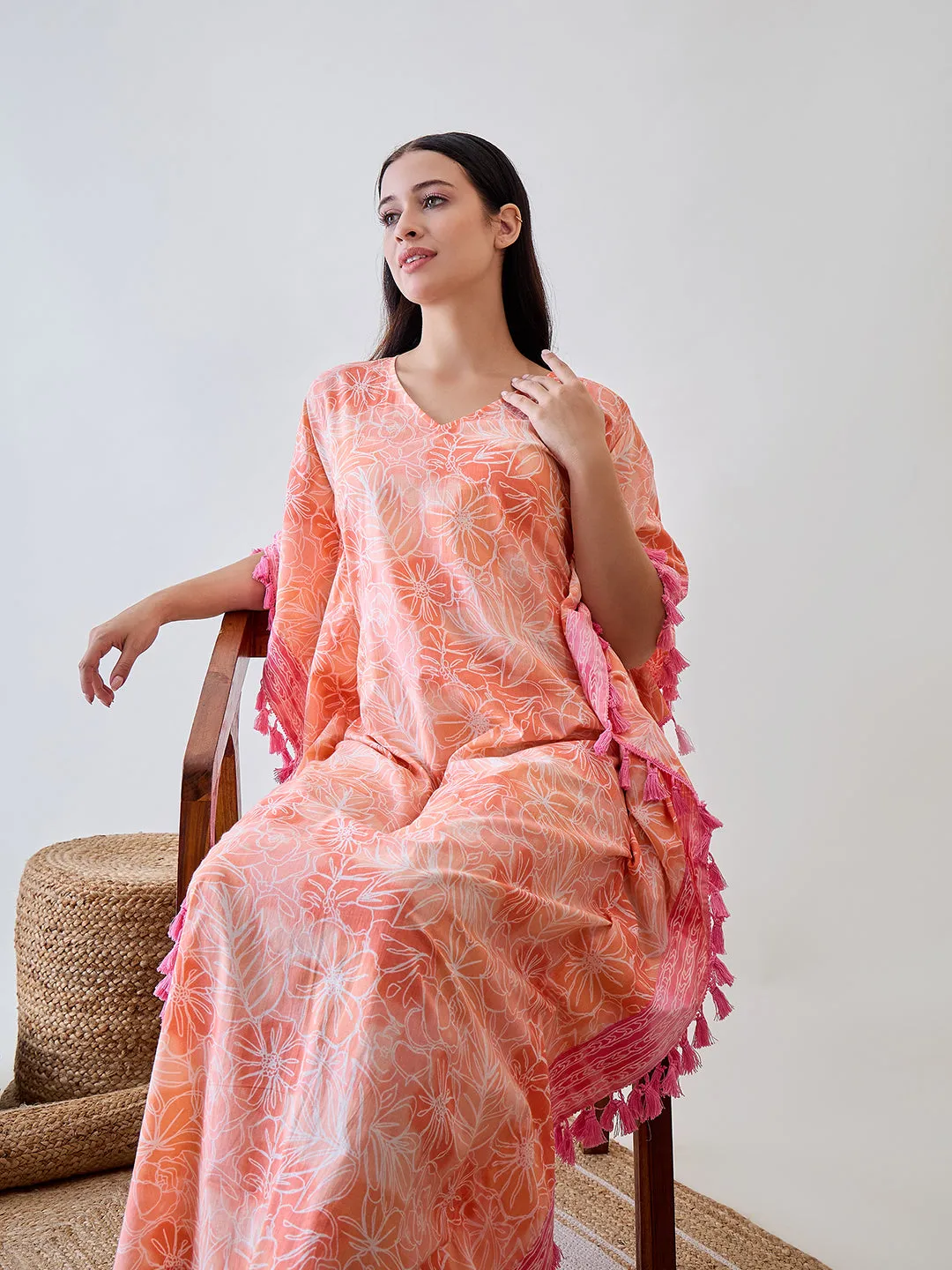Orange Abstract Floral Pink Tasseled Cotton Kaftan Nightdress