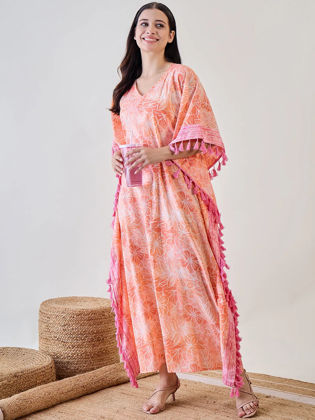 Orange Abstract Floral Pink Tasseled Cotton Kaftan Nightdress