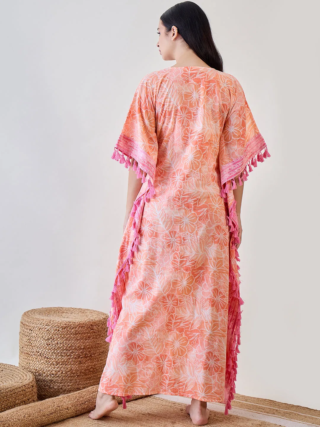 Orange Abstract Floral Pink Tasseled Cotton Kaftan Nightdress