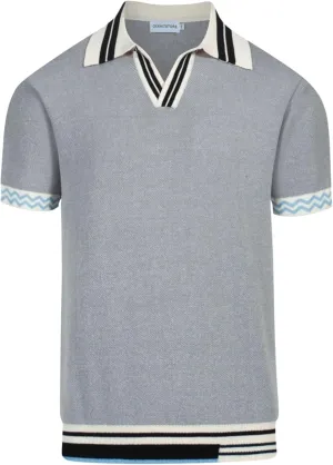 OXKNIT Men's Knitted Polo Shirts Grey V Neck Stripe Collar Summer Shirt