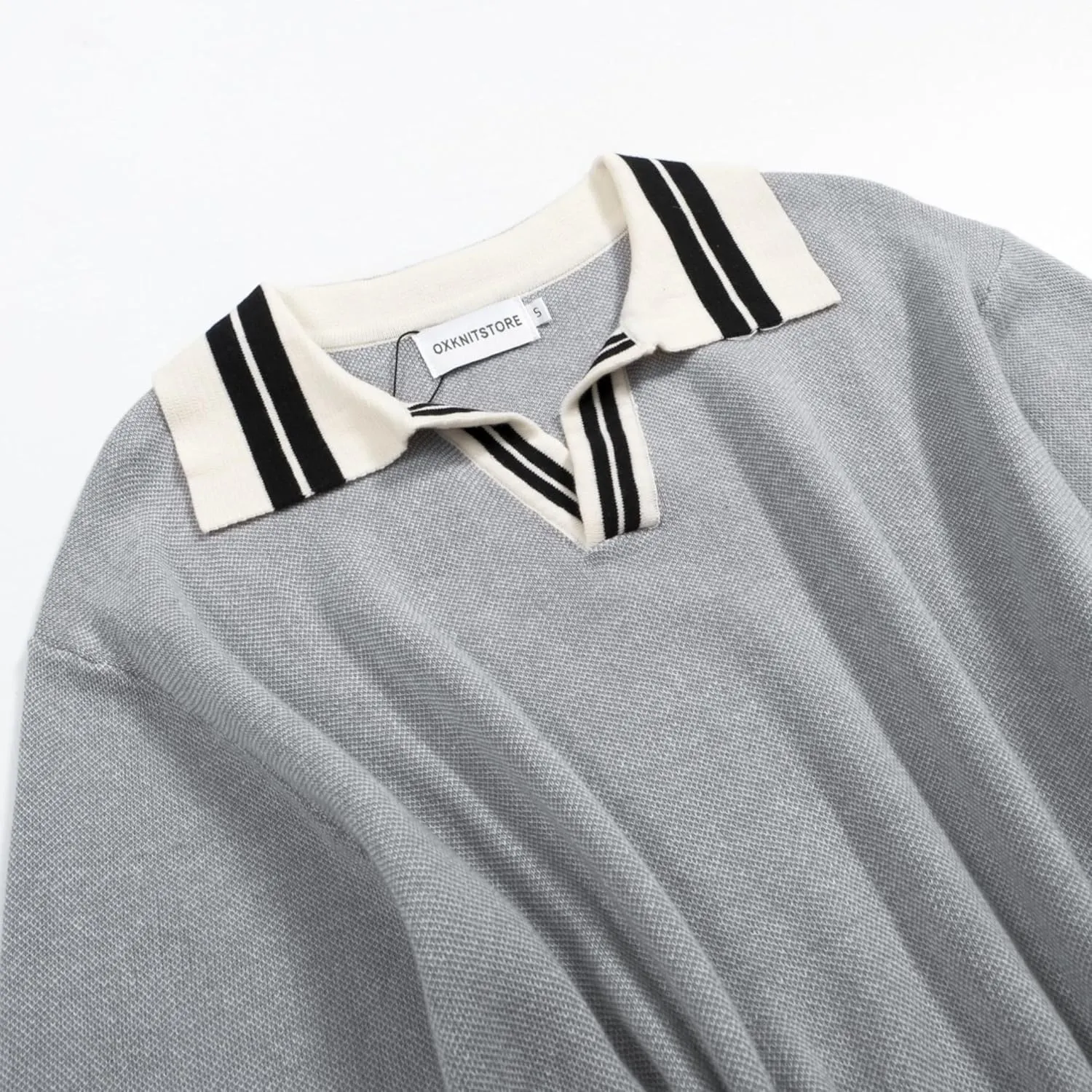 OXKNIT Men's Knitted Polo Shirts Grey V Neck Stripe Collar Summer Shirt