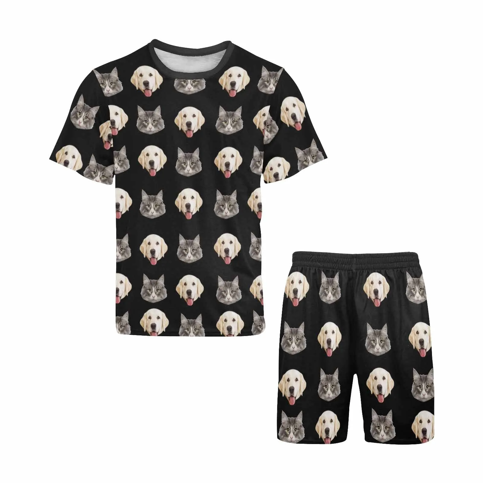 Personalized Pet Face Pajamas For Men Sleepwear Custom Dog Cat Men's Crew Neck Short Sleeve Pajama Set