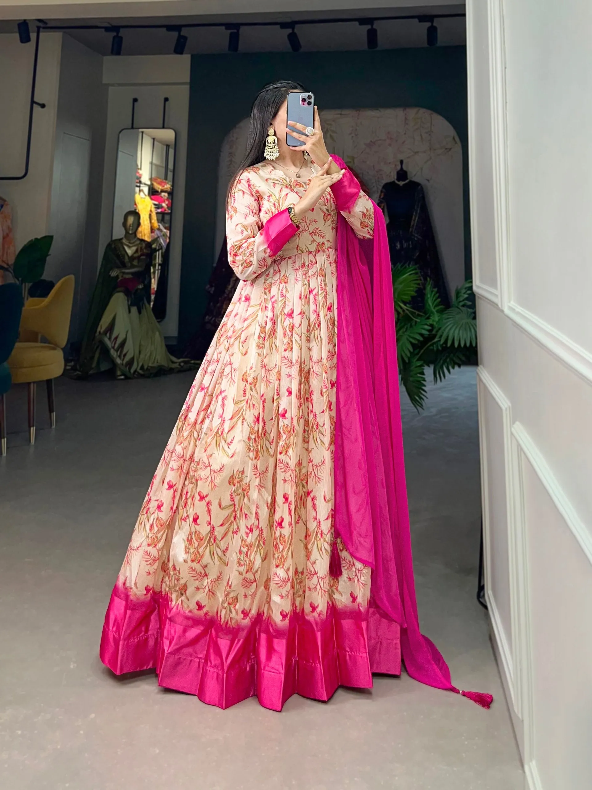 Pink Tussar Silk Printed Gown with Foil Detailing & Chiffon Dupatta