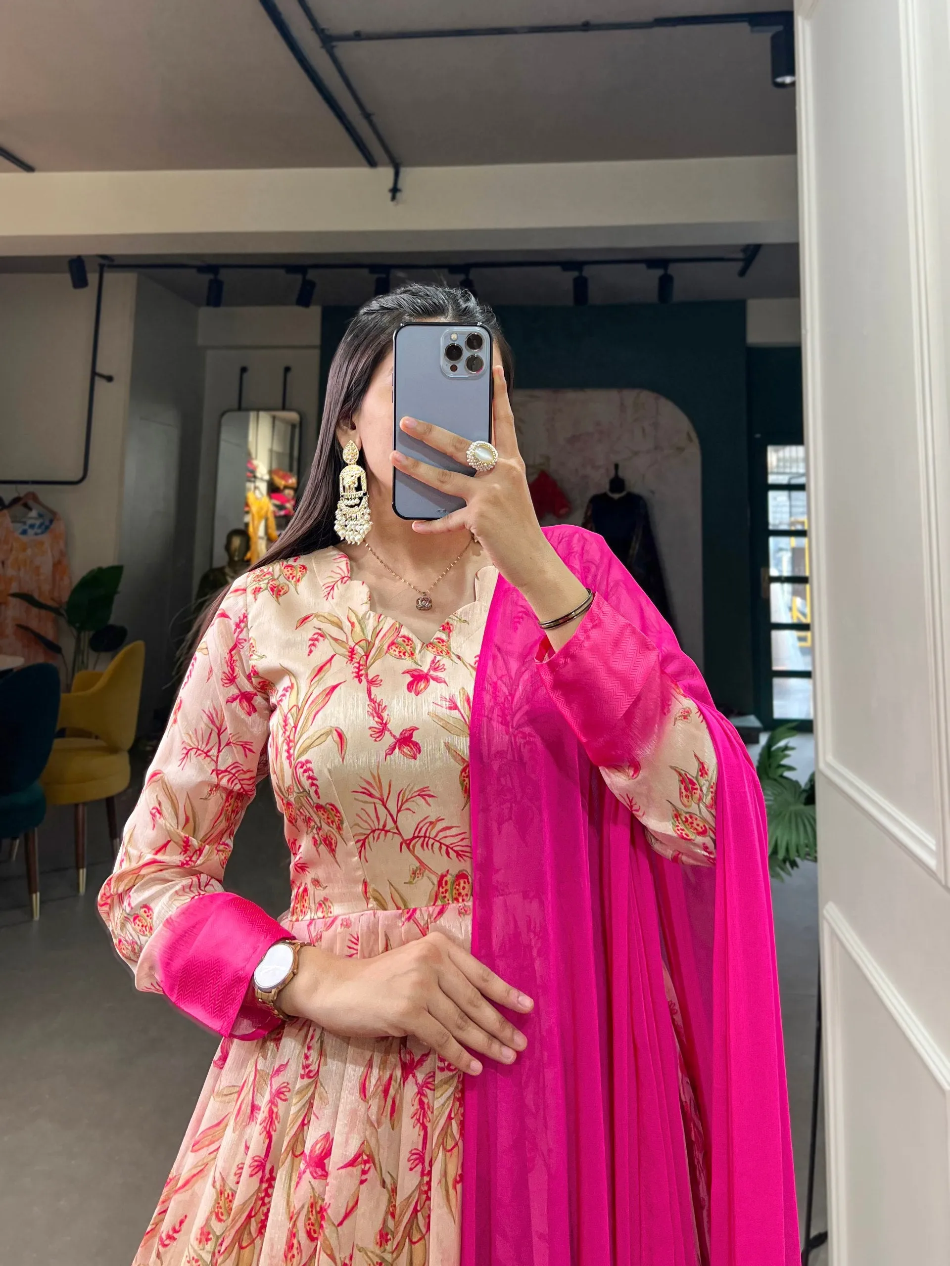 Pink Tussar Silk Printed Gown with Foil Detailing & Chiffon Dupatta