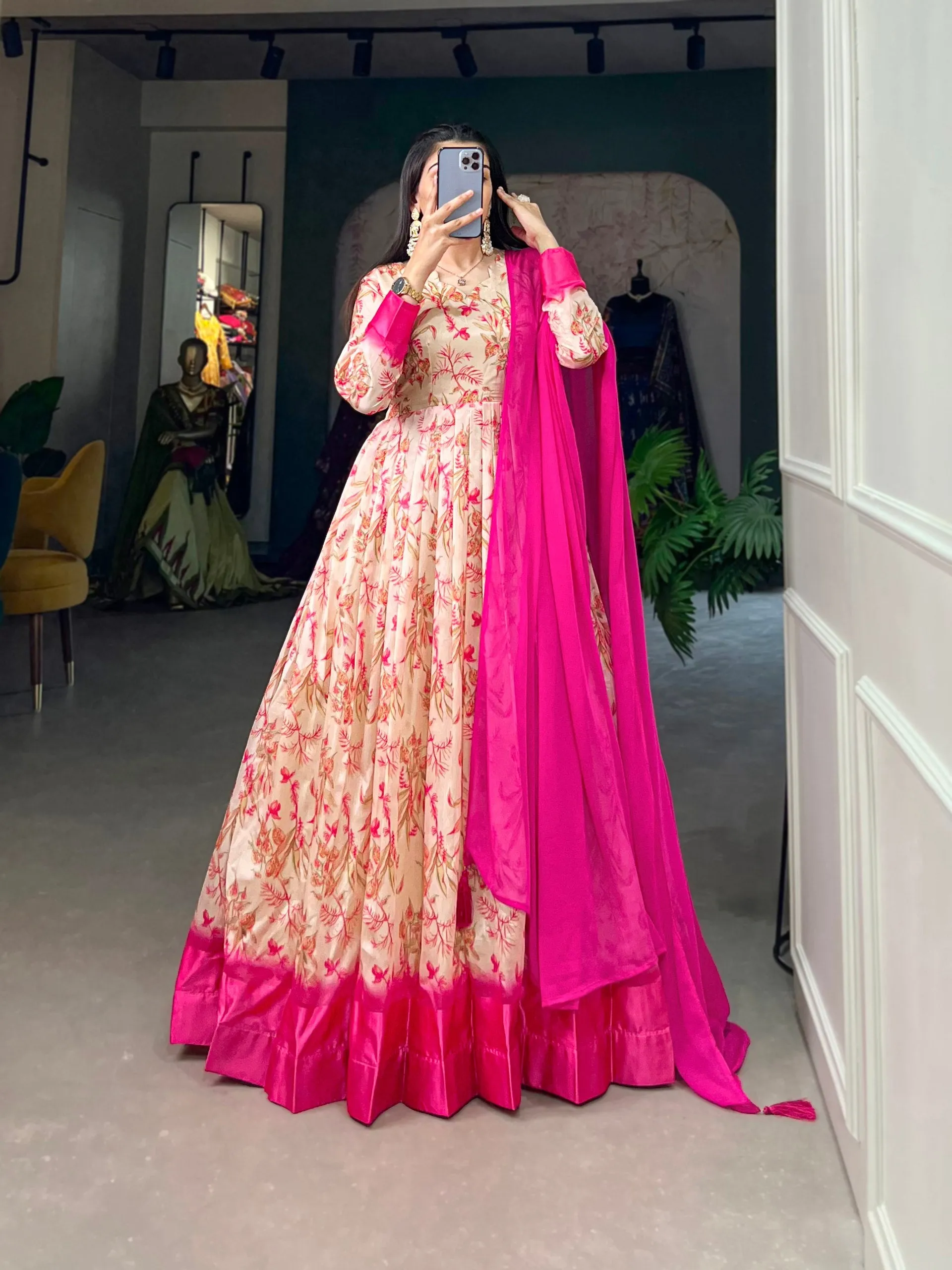 Pink Tussar Silk Printed Gown with Foil Detailing & Chiffon Dupatta