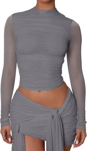 PINKMSTYLE Womens Cute Mesh Mock Neck Long Sleeve Shirts Sexy Y2K Going Out Tops Club Outfits Dark Grey Large