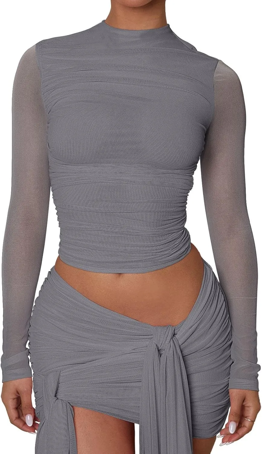 PINKMSTYLE Womens Cute Mesh Mock Neck Long Sleeve Shirts Sexy Y2K Going Out Tops Club Outfits Dark Grey Large