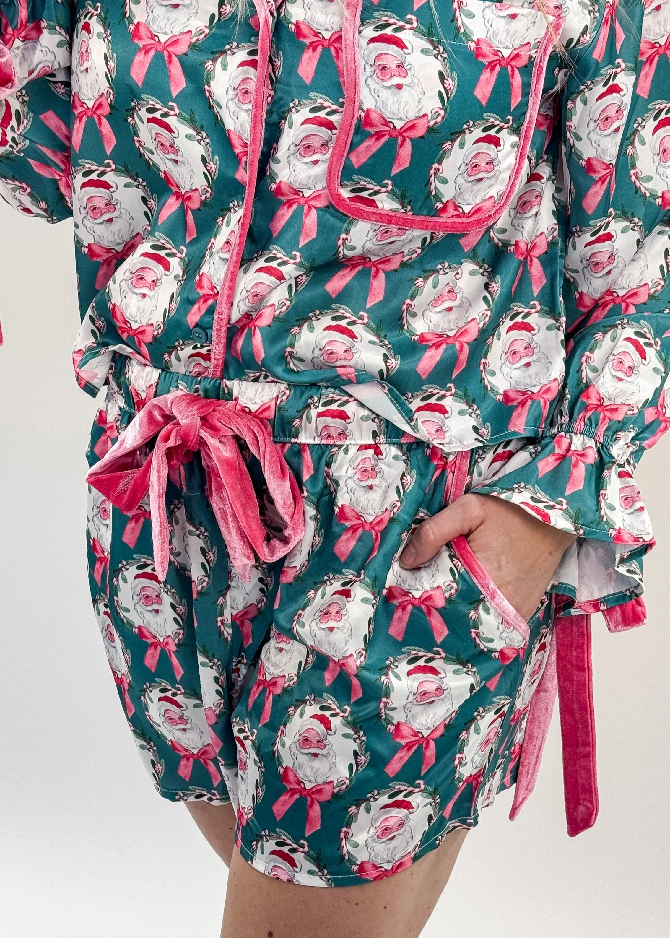 PJ Button Up Short Satin Velvet Bows Santa Baby