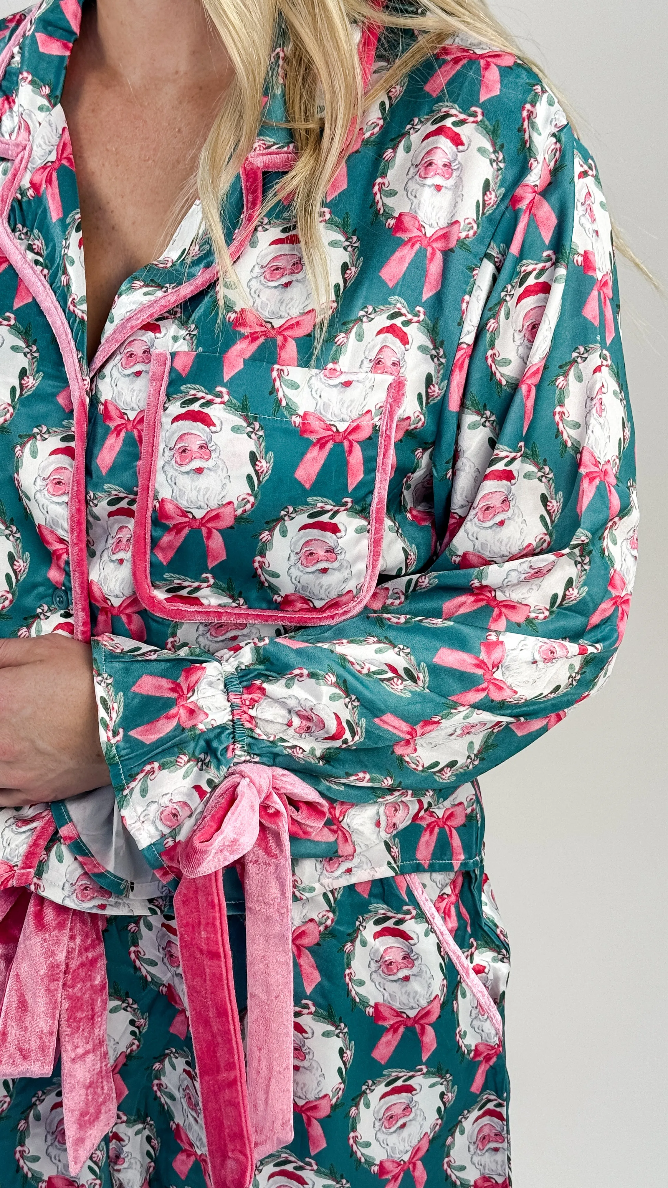 PJ Button Up Short Satin Velvet Bows Santa Baby