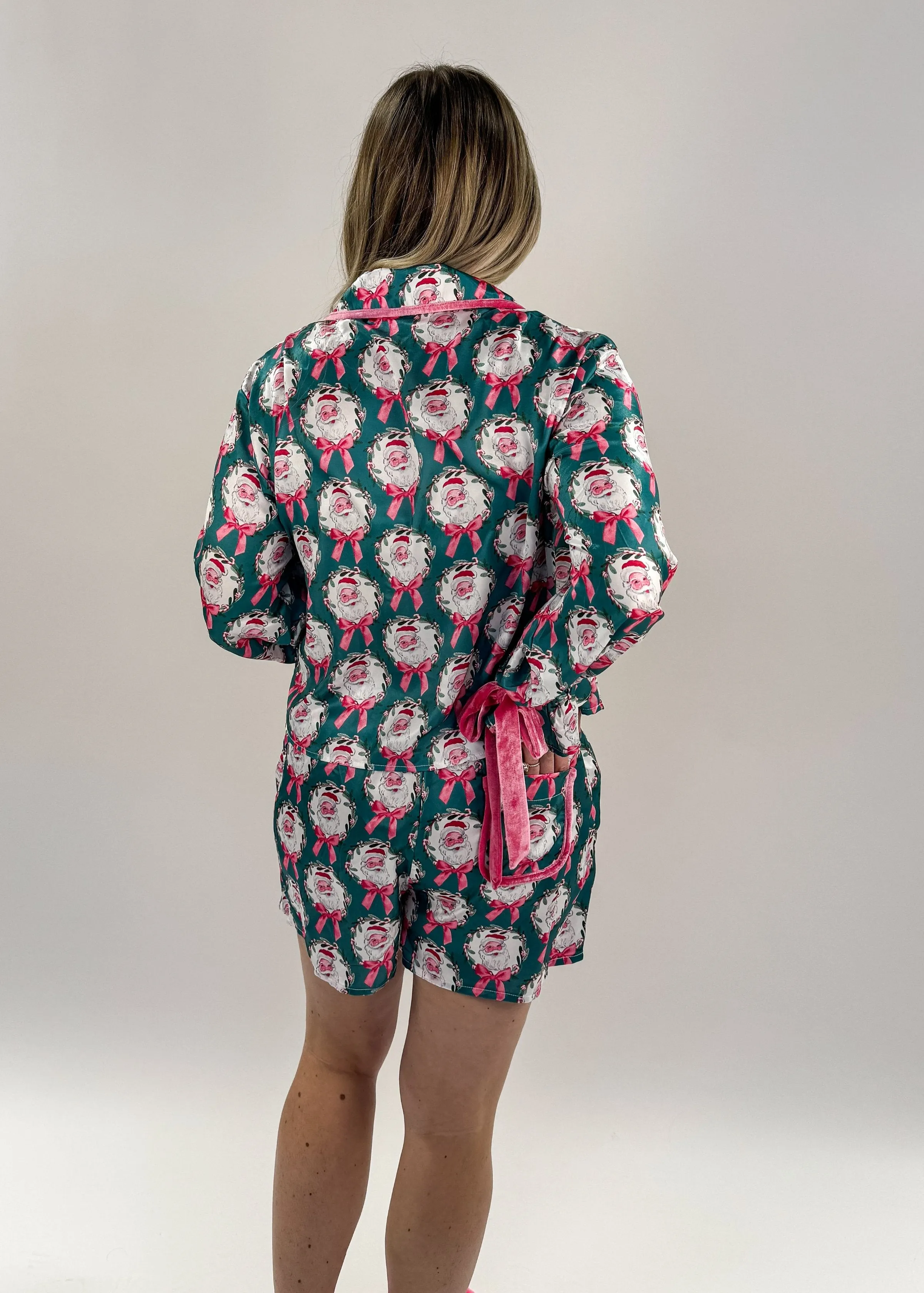 PJ Button Up Short Satin Velvet Bows Santa Baby