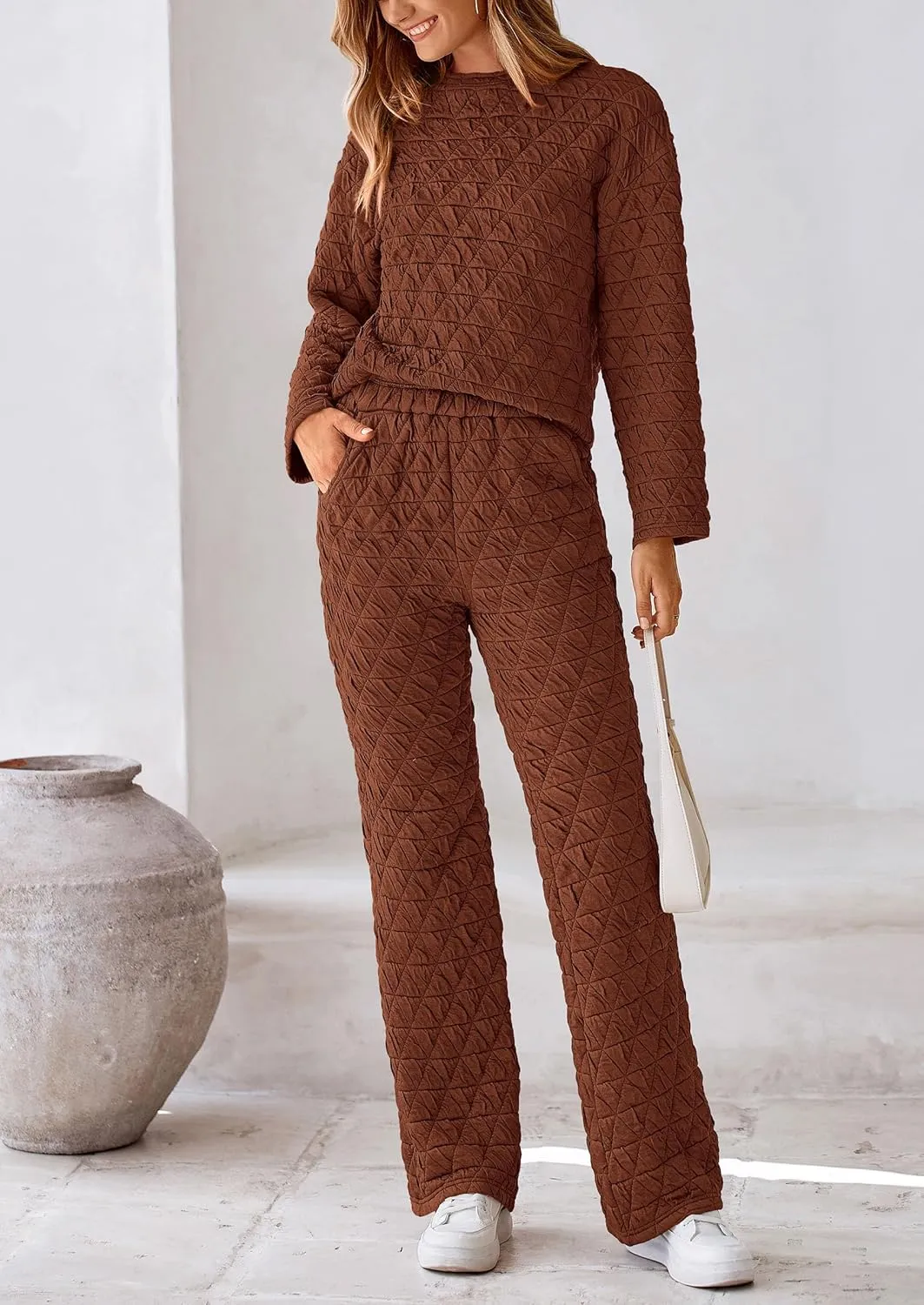 PRETTYGARDEN Women's 2 Piece Outfits Fall Fashion Clothes Quilted Long Sleeve Tops Wide Leg Pants Matching Lounge Sets