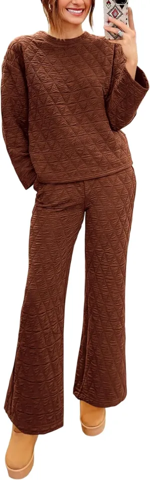 PRETTYGARDEN Women's 2 Piece Outfits Fall Fashion Clothes Quilted Long Sleeve Tops Wide Leg Pants Matching Lounge Sets