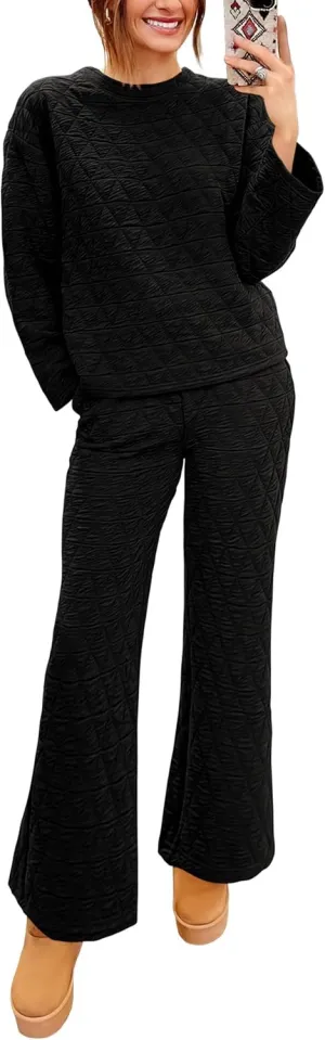 PRETTYGARDEN Women's 2 Piece Outfits Fall Fashion Clothes Quilted Long Sleeve Tops Wide Leg Pants Matching Lounge Sets