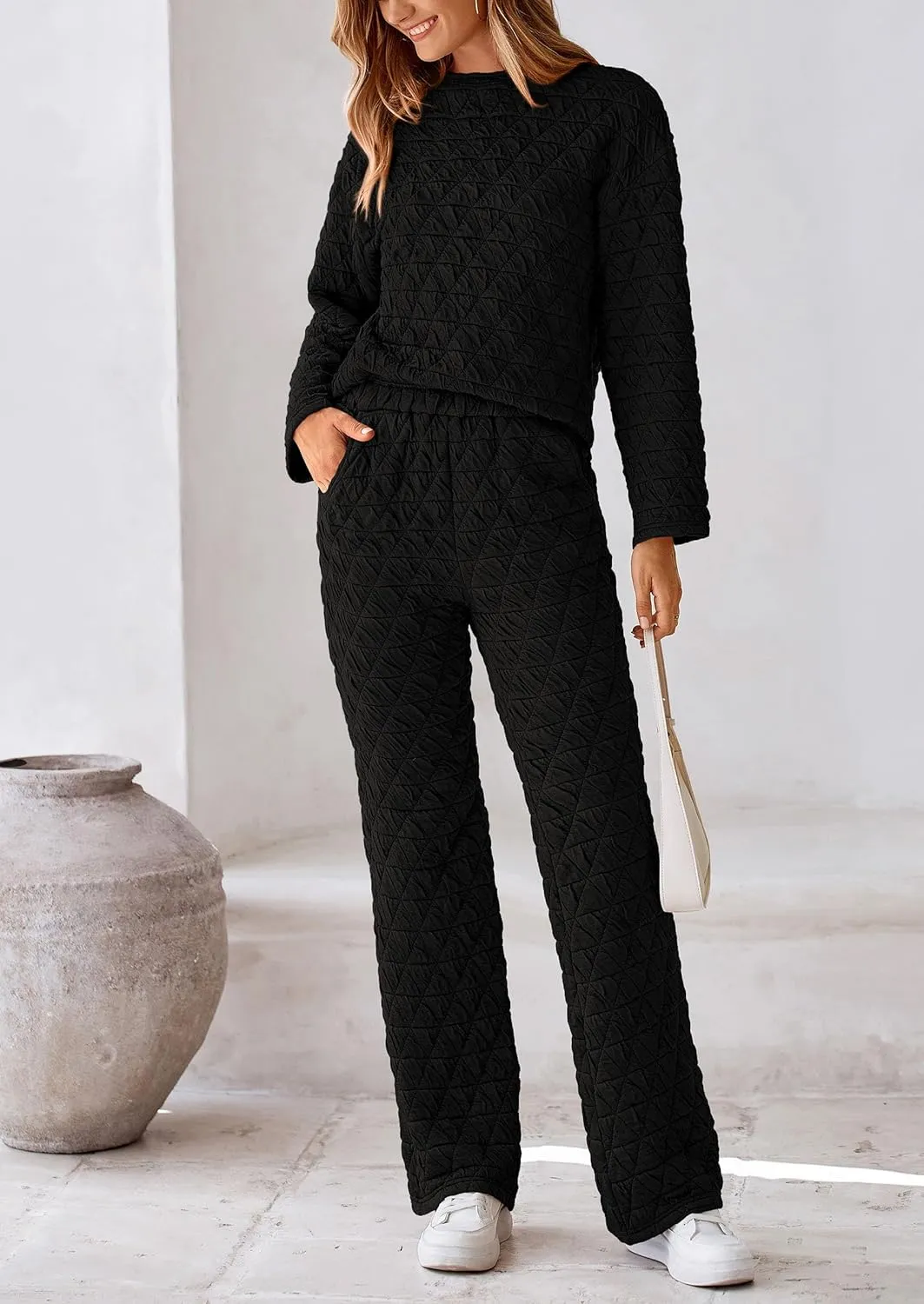 PRETTYGARDEN Women's 2 Piece Outfits Fall Fashion Clothes Quilted Long Sleeve Tops Wide Leg Pants Matching Lounge Sets