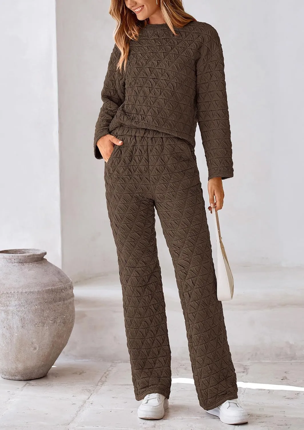 PRETTYGARDEN Women's 2 Piece Outfits Fall Fashion Clothes Quilted Long Sleeve Tops Wide Leg Pants Matching Lounge Sets
