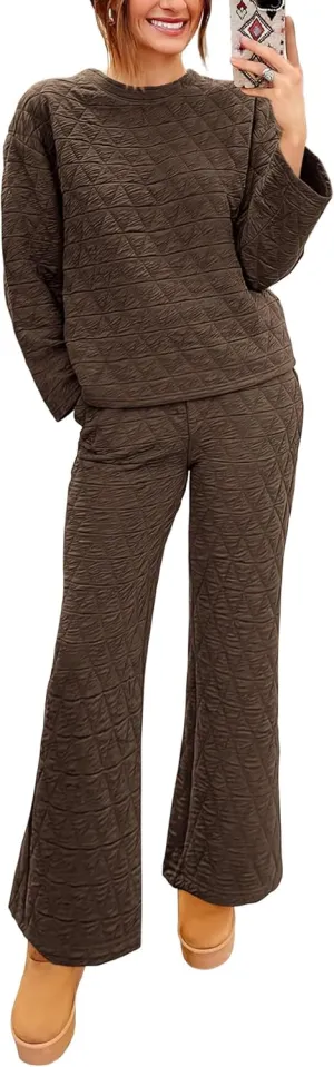 PRETTYGARDEN Women's 2 Piece Outfits Fall Fashion Clothes Quilted Long Sleeve Tops Wide Leg Pants Matching Lounge Sets